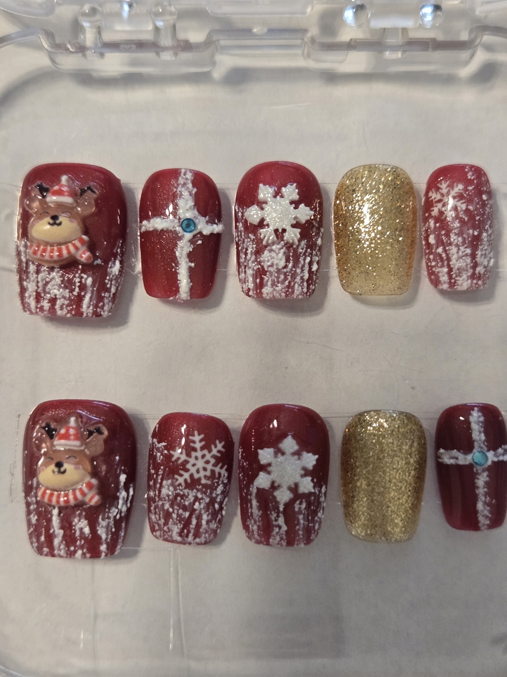 Hand Crafted Red & Gold Holiday Reindeer Press-On Nails